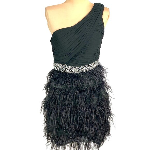 One-Shoulder Pleated Black Tie Feather Cocktail Dress Rhinestone Waist 8 Prom - Picture 2 of 12
